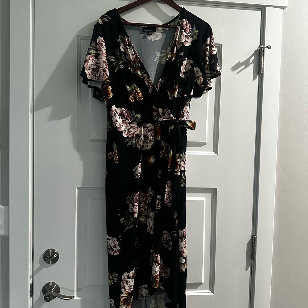 Black and Pink Maxi Wrap Dress with Flutter Sleeves